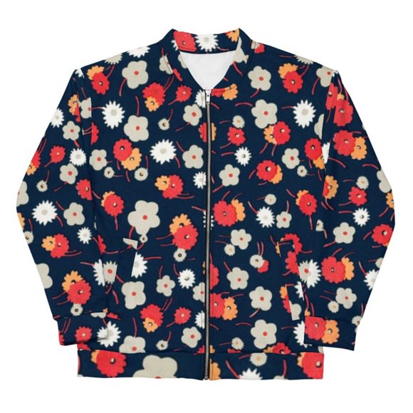 White, gray, pink and red flowers pattern  Unisex Bomber Jacket - Picture 2 of 10